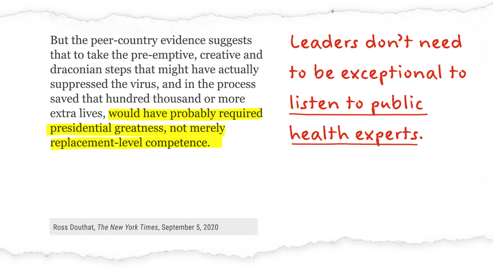 NYT op-ed excerpt with annotation: Leaders don't have to be exceptional to listen to public health experts.