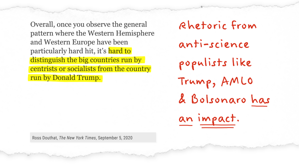NYT op-ed excerpt with annotation: Rhetoric from anti-science populists like Trump, AMLO, & Bolsonaro has an impact.