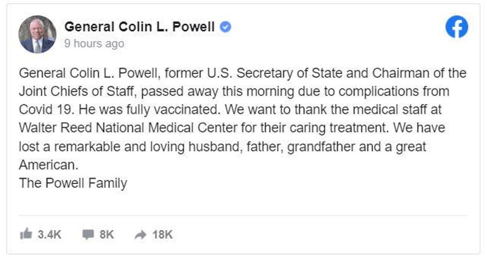 Official statement from the Powell family, via Facebook.