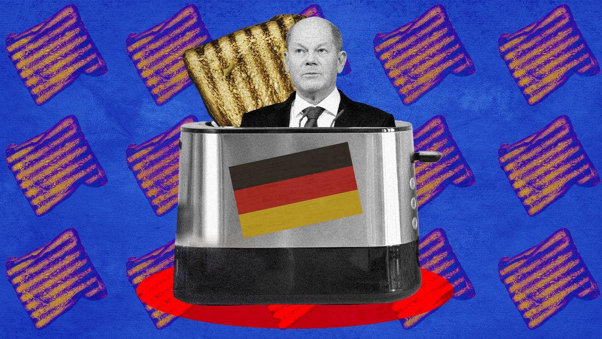 Olaf Scholz popping out of a toaster, surrounded by burnt toast.