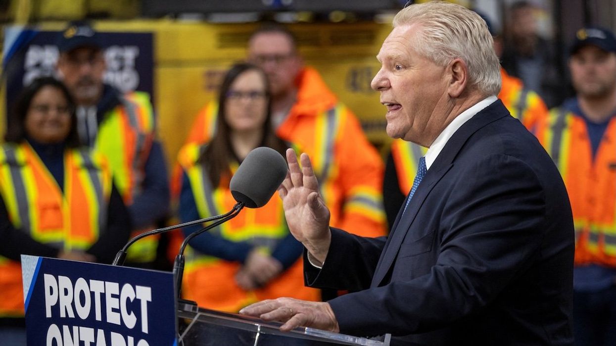Ontario Premier Doug Ford speaks during a campaign stop at Walker Construction in Niagara Falls, Ontario, Canada, on Jan. 31, 2025.