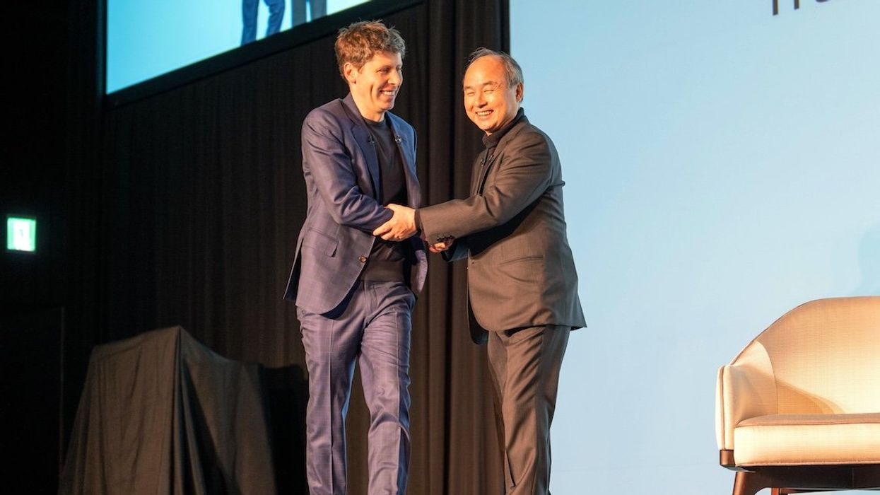 Open AI CEO Sam Altman, left, and SoftBank Group CEO Masayoshi Son attend a marketing event in Tokyo, Japan, on Feb. 3, 2025.