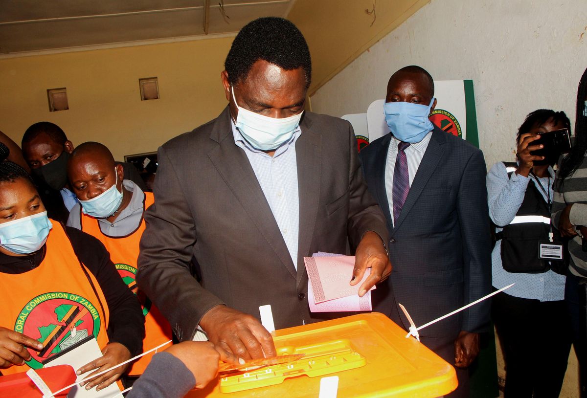 Opposition UPND party's presidential candidate Hakainde Hichilema casts his ballot in Lusaka, Zambia, August 12, 2021.