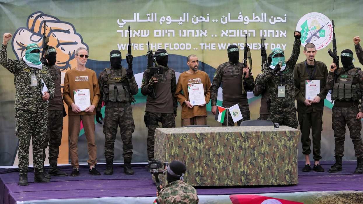 Or Levy, Eli Sharabi, and Ohad Ben Ami, hostages held in Gaza since the deadly Oct. 7, 2023 attack, are released by Hamas militants as part of a ceasefire and a hostages-prisoners swap deal between Hamas and Israel on Feb. 8, 2025.