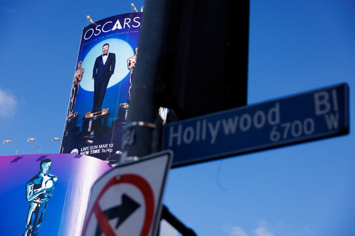 Oscar host Jimmy Kimmel appears on a billboard in Hollywood as preparations continue for the 96th Academy Awards Awards Los Angeles, California U.S., March 6, 2024. ​