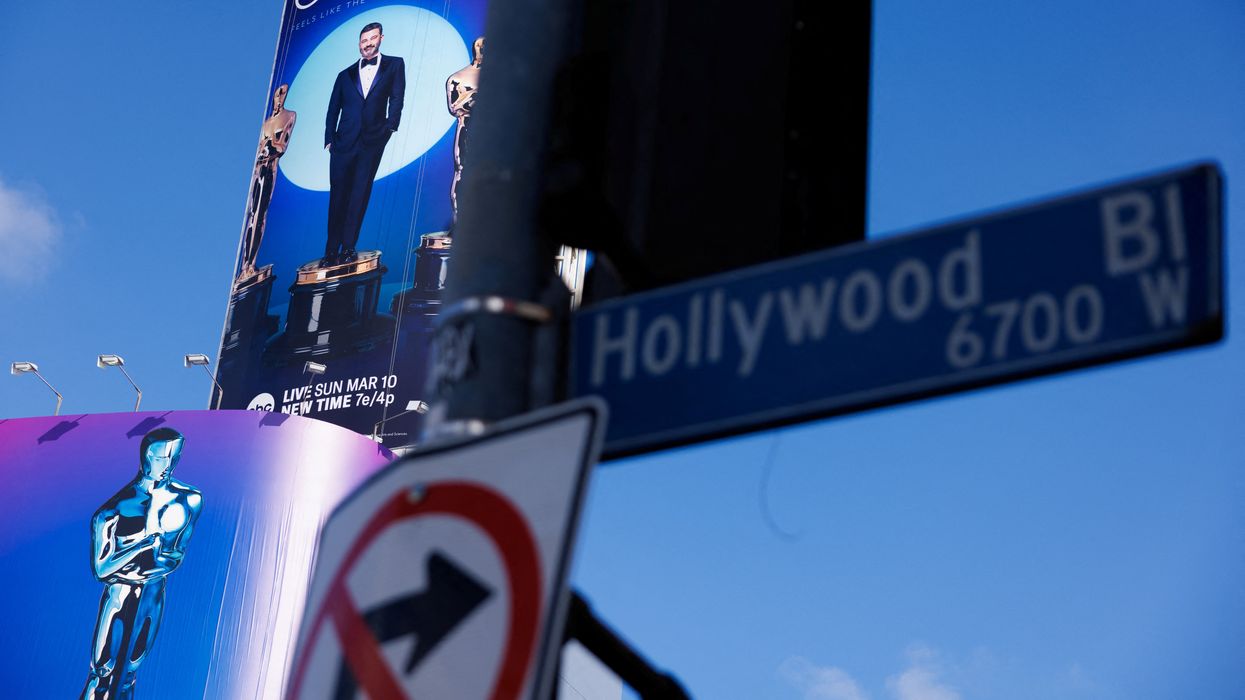 Oscar host Jimmy Kimmel appears on a billboard in Hollywood as preparations continue for the 96th Academy Awards Awards Los Angeles, California U.S., March 6, 2024. 