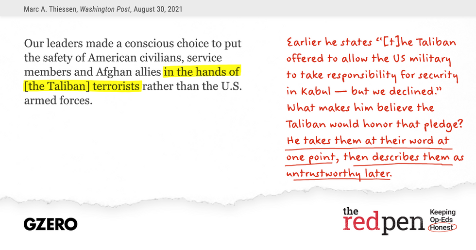 "Our leaders made a conscious choice to put the safety of American civilians...in the hands of terrorists" - He takes them at their word at one point, then describes them as untrustworthy later.