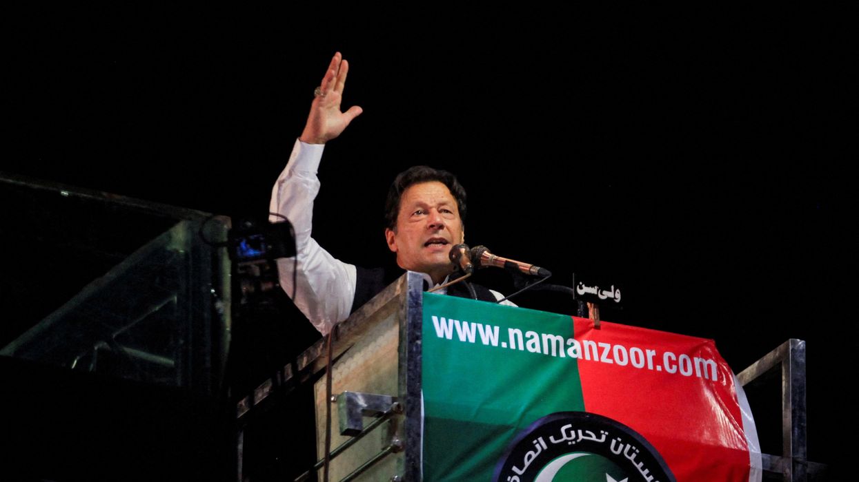 Ousted Pakistani PM Imran Khan gestures as he addresses supporters during a rally in Lahore.