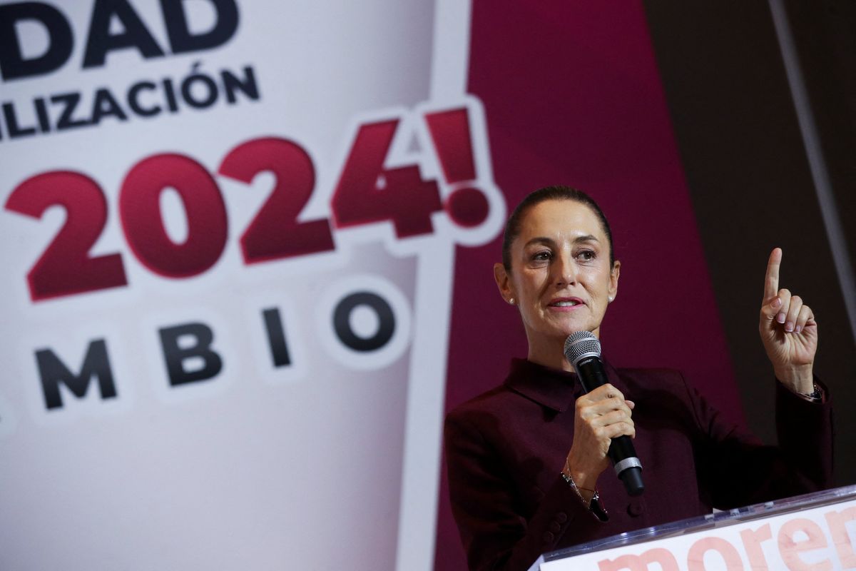 Outgoing Mexico City Mayor Claudia Sheinbaum speaks as she registers as a for the ruling MORENA party's 2024 presidential election primary.