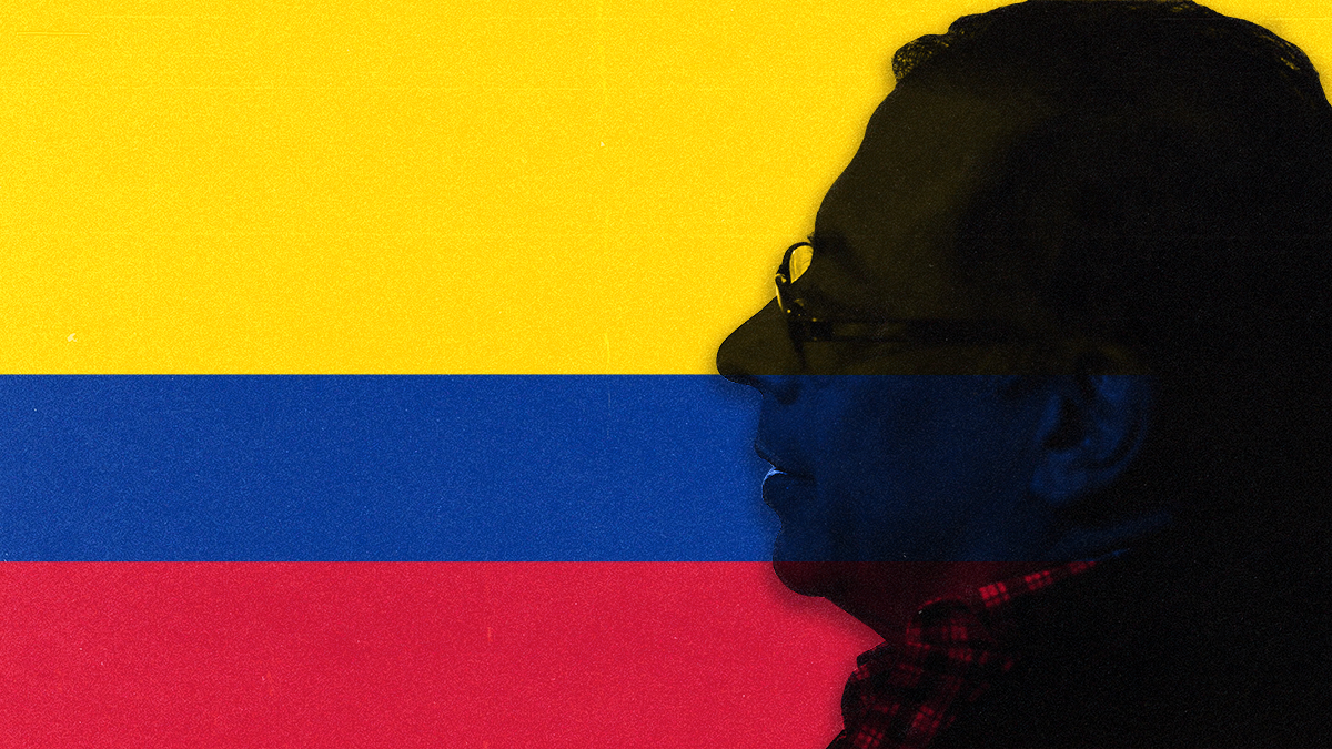 Outline of Gustavo Petro against the backdrop of a Colombian flag