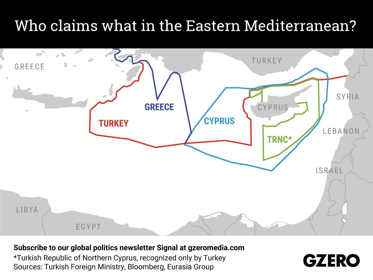 Overlapping claims by Greece, Cyprus and Turkey in the Eastern Mediterranean. Graphic by Gabriella Turrisi