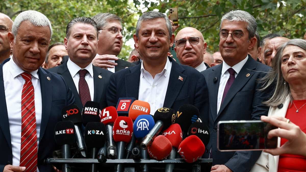 Ozgur Ozel speaks to the media after submitting an application to establish the so-called New Party, in Ankara, Turkey.
