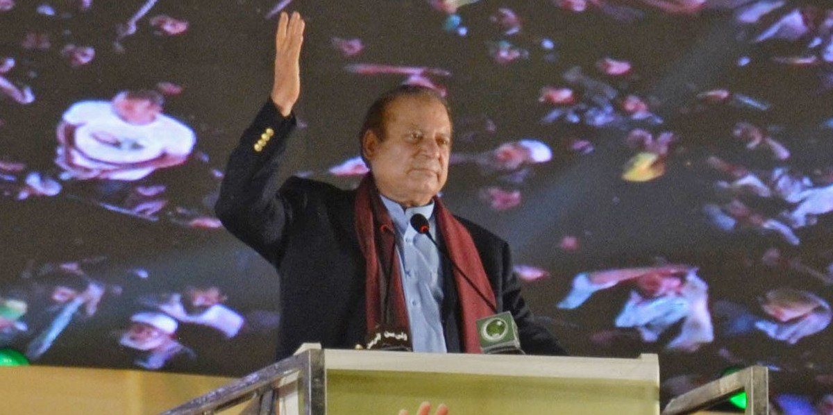Pakistan's self-exiled former Prime Minister Nawaz Sharif addresses a massive homecoming rally in Lahore, Pakistan, on Oct. 21, 2023.
