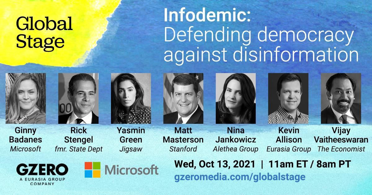 Panel graphic with headshots of experts: Defending democracy against disinformation