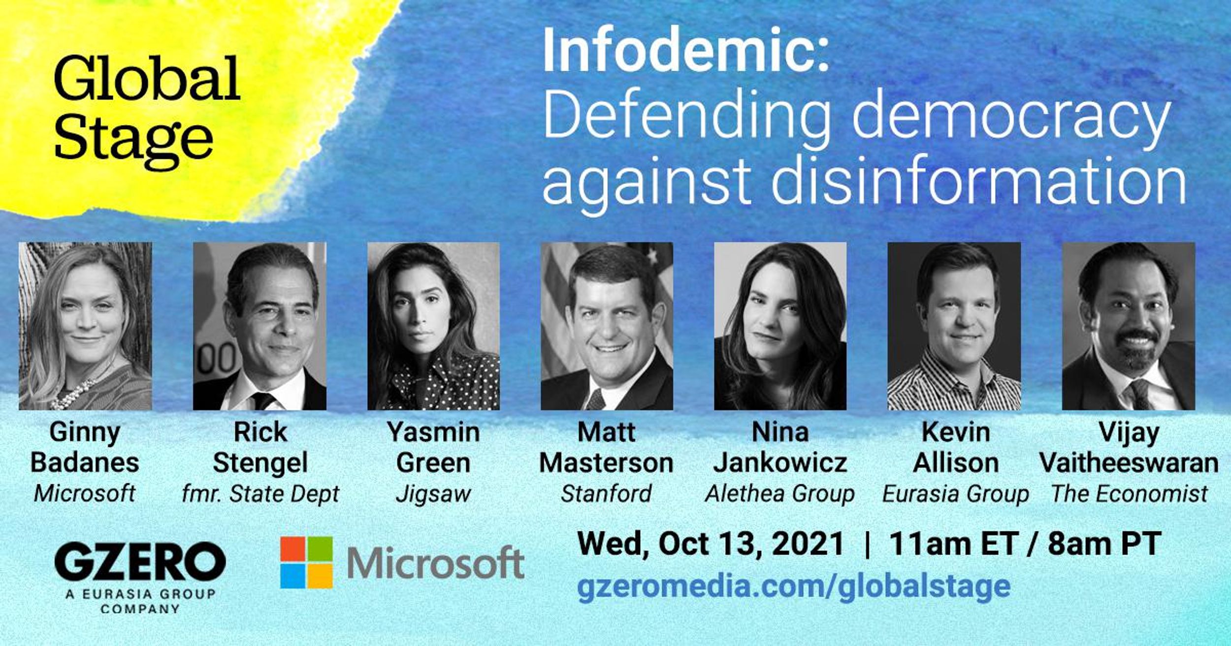 Panel graphic with headshots of experts: Defending democracy against disinformation