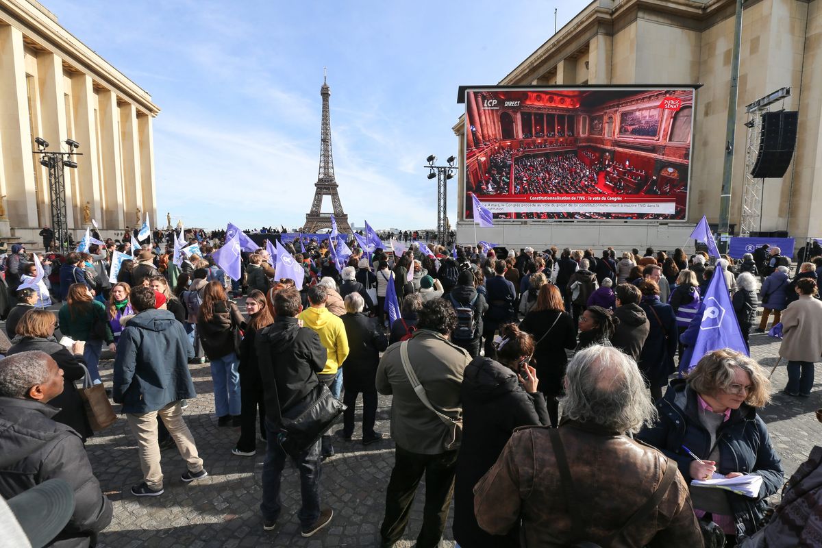 People are gathering near the Eiffel Tower at the Place du Trocadero in Paris, France, on March 4, 2024