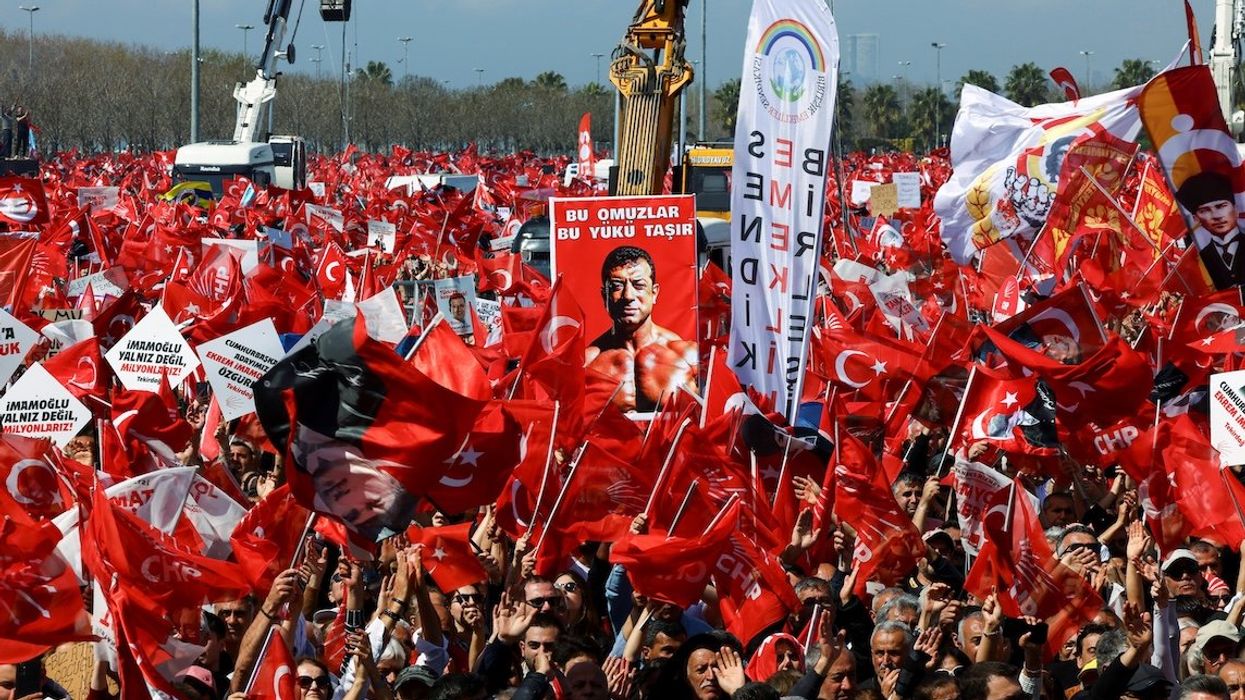 People attend a rally to protest against the arrest of Istanbul Mayor Ekrem Imamoglu as part of a corruption investigation in Istanbul, Turkey, on March 29, 2025.