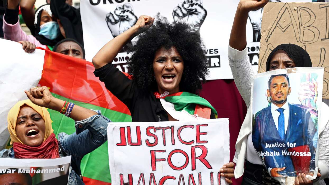 People gather to protest against the treatment of Ethiopia's ethnic Oromo group, July 3, 2020