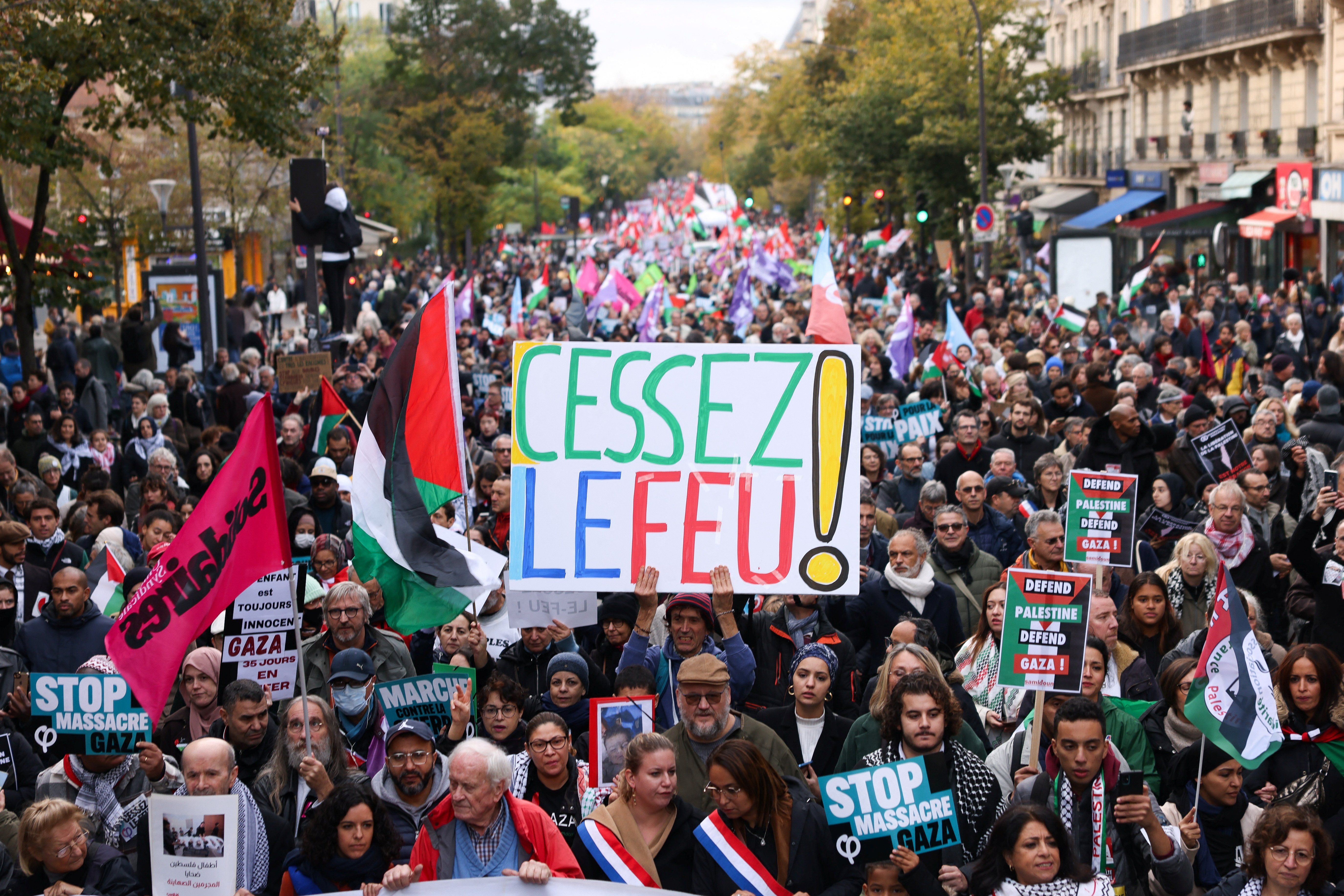 ​People hold a placard in a demonstration demanding an immediate cease-fire in Gaza, in Paris, France, on Nov. 11, 2023. 