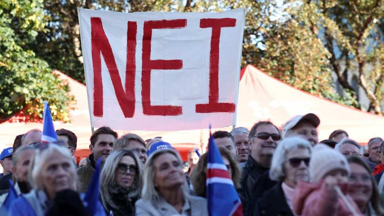 People hold a sign that reads "No" during a rally of the "No to EU" campaign ahead of a referendum on whether Iceland should resume accession negotiations with the European Union, in Reykjavik, Iceland.