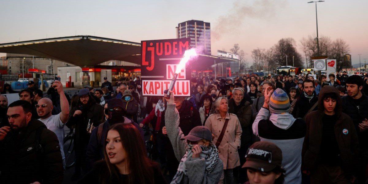 People protest Ljubljana's Mayor Zoran Jankovic's support of Serbia's President Aleksandar Vucic near the Serbian embassy in Ljubljana, Slovenia, on March 5, 2025.