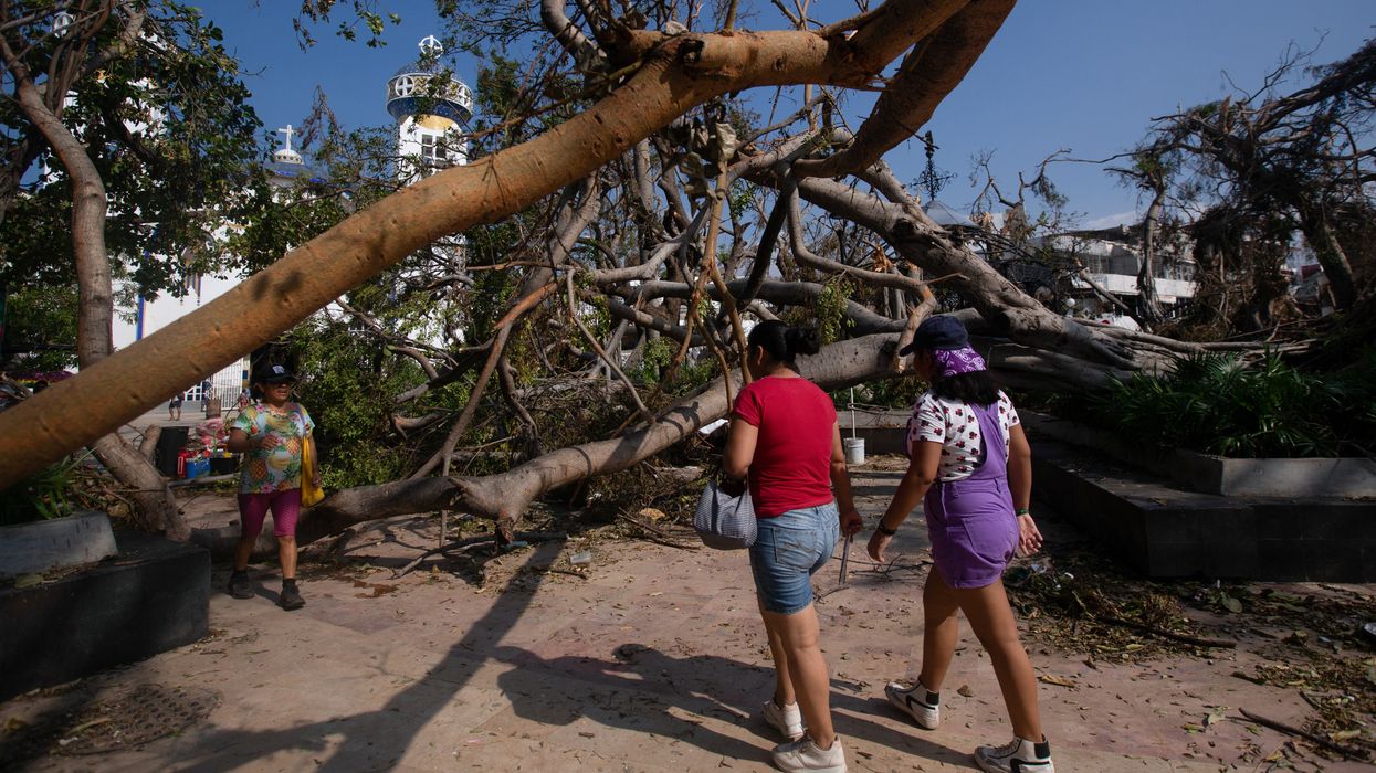 People walk next to damaged trees in the aftermath of Hurricane Otis, in Acapulco, Mexico, on Oct. 29, 2023.