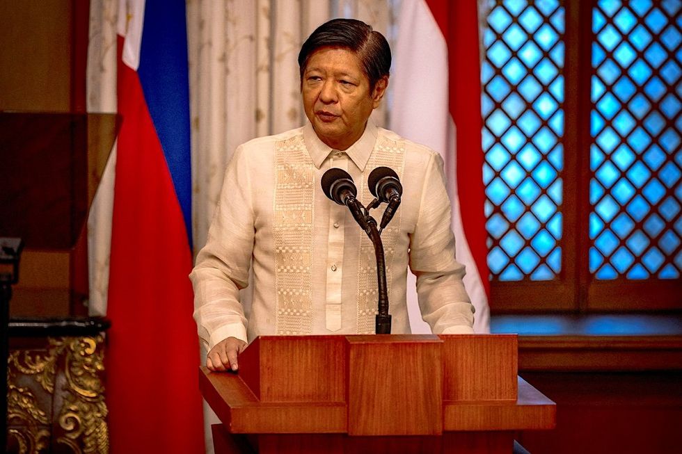 ​Philippine President Ferdinand Marcos Jr. delivers a joint statement during the visit of Indonesian President Joko Widodo at the Malacanang Palace, in Manila, Philippines, on Jan. 10, 2024.