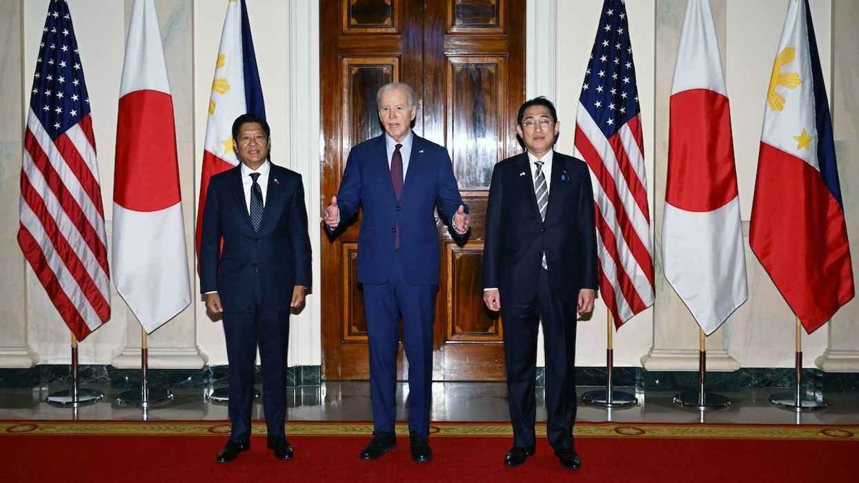 Philippine President Ferdinand Marcos Jr., U.S. President Joe Biden and Japan’s Prime Minister Fumio Kishida are pictured ahead of their trilateral summit at the White House in Washington on April 11, 2024.