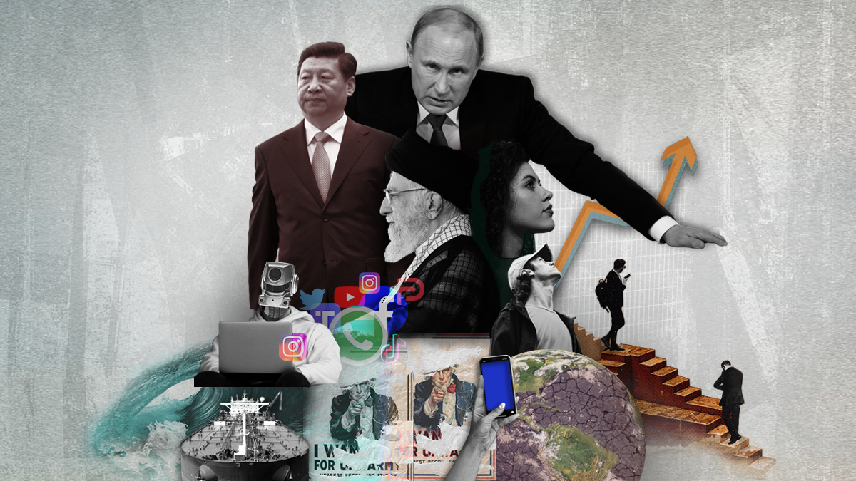 Photo collage showing Vladimir Putin, Xi Jinping, and other images representing Eurasia Group's top 10 geopolitical risks for 2023