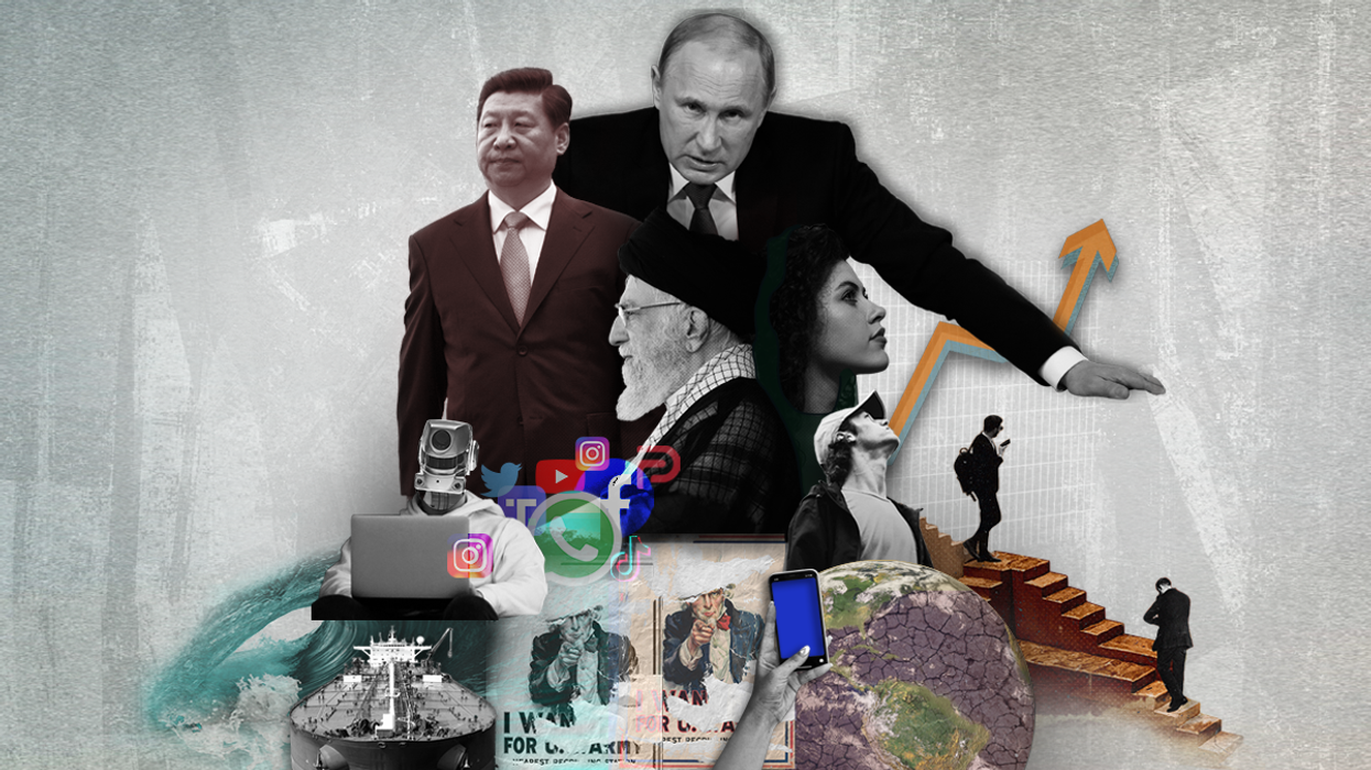 Photo collage showing Vladimir Putin, Xi Jinping, and other images representing Eurasia Group's top 10 geopolitical risks for 2023