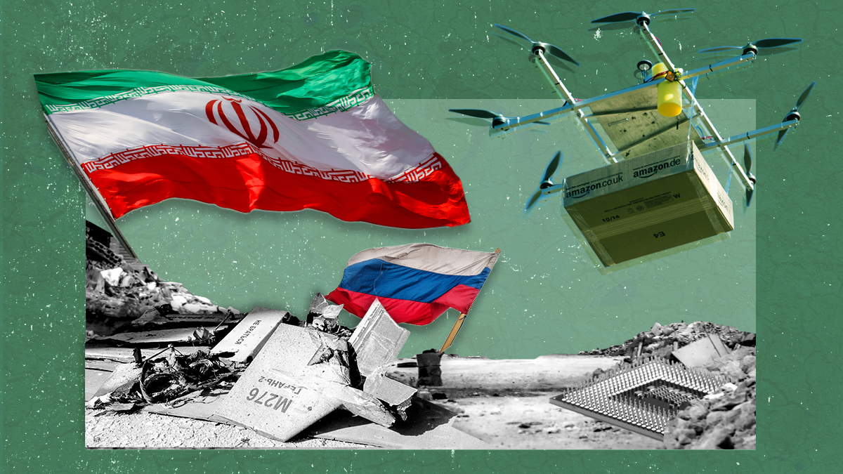 Photo composite of Iranian and Russian flags along with an Amazon commercial drone and wreckage of an Iranian-made drone in Ukraine