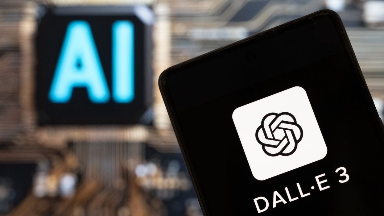 Photo illustration showing the DALL-E logo on a smartphone with an Artificial intelligence chip and symbol in the background.