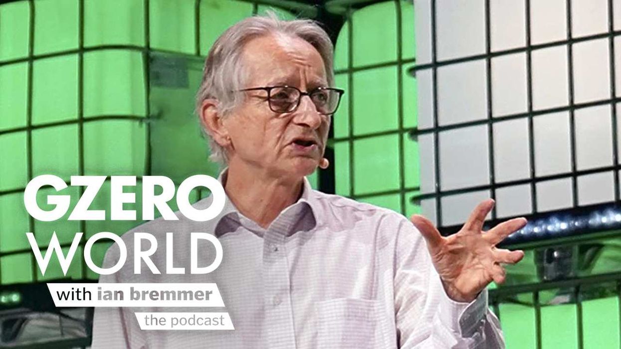 Photo of Geoffrey Hinton with the GZERO World with Ian Bremmer podcast logo superimposed on top.