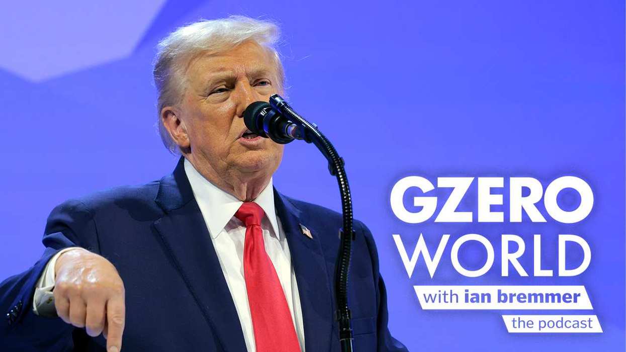 Photo of President Trump at the World Economic Forum in Davos with the GZERO World Podcast logo superimposed on top.