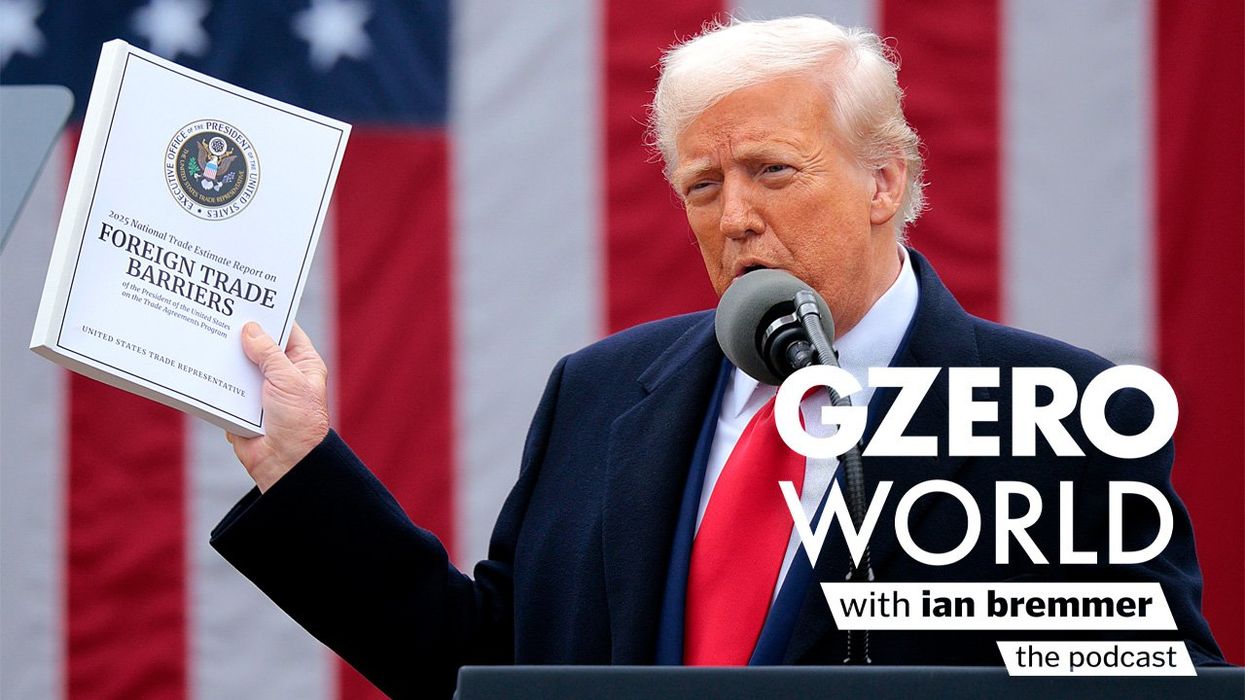 Photo of President Trump holding up a folder that says 'Foreign Trade Barriers' with the GZERO World podcast logo superimposed on top.