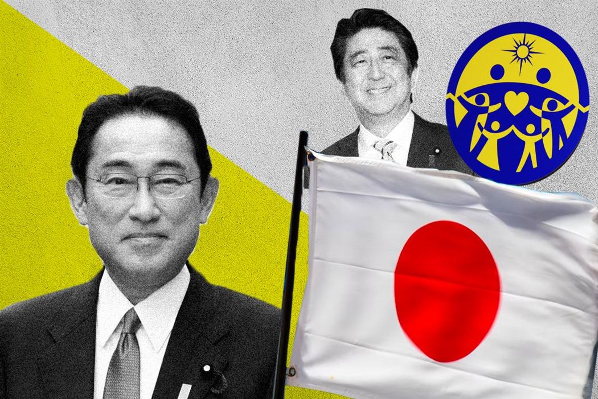 Photos of Japan's PM Fumio Kishida and slain former PM Shinzo Abe alongside the Japanese flag and emblem of the Unification Church