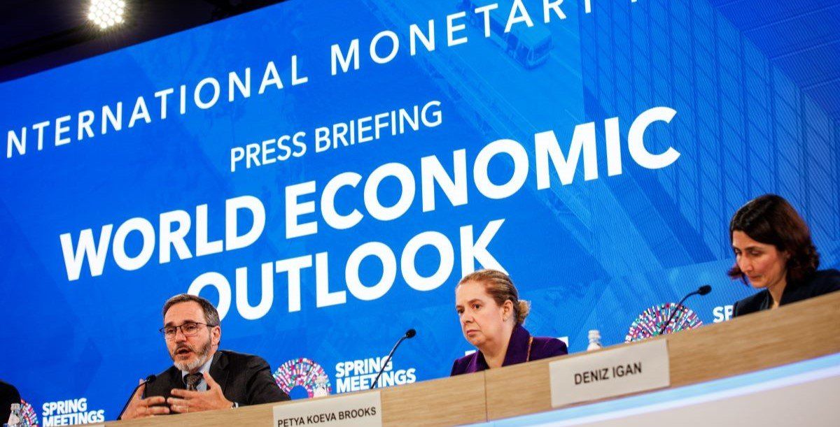 ​Pierre-Olivier Gourinchas (left), Director of the Research Department at the International Monetary Fund (IMF), speaks during a press briefing on the World Economic Outlook during the 2025 World Bank and IMF Spring Meetings on April 22, 2025 in Washington, DC.