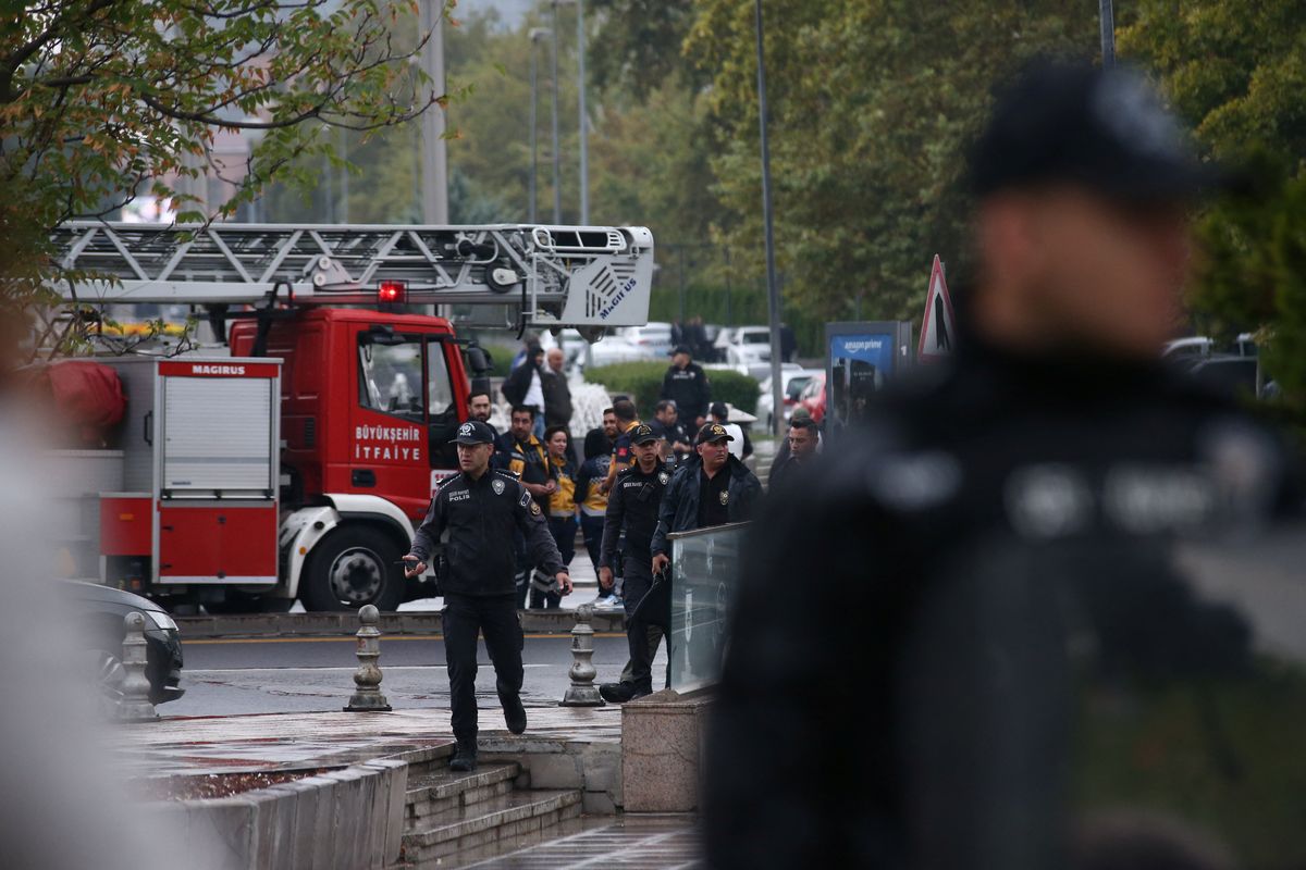 ​Police officers secure an area near the Interior Ministry following a bomb attack in Ankara, Turkey, on Oct. 1, 2023. 