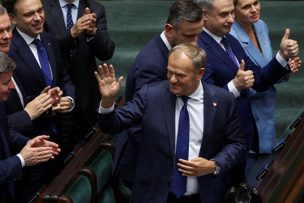 Polish Prime Minister Donald Tusk reacts after a vote of confidence for his center-left coalition government.