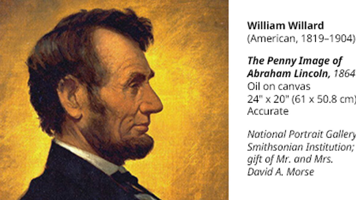 Portrait of Abraham Lincoln with art credits on the right
