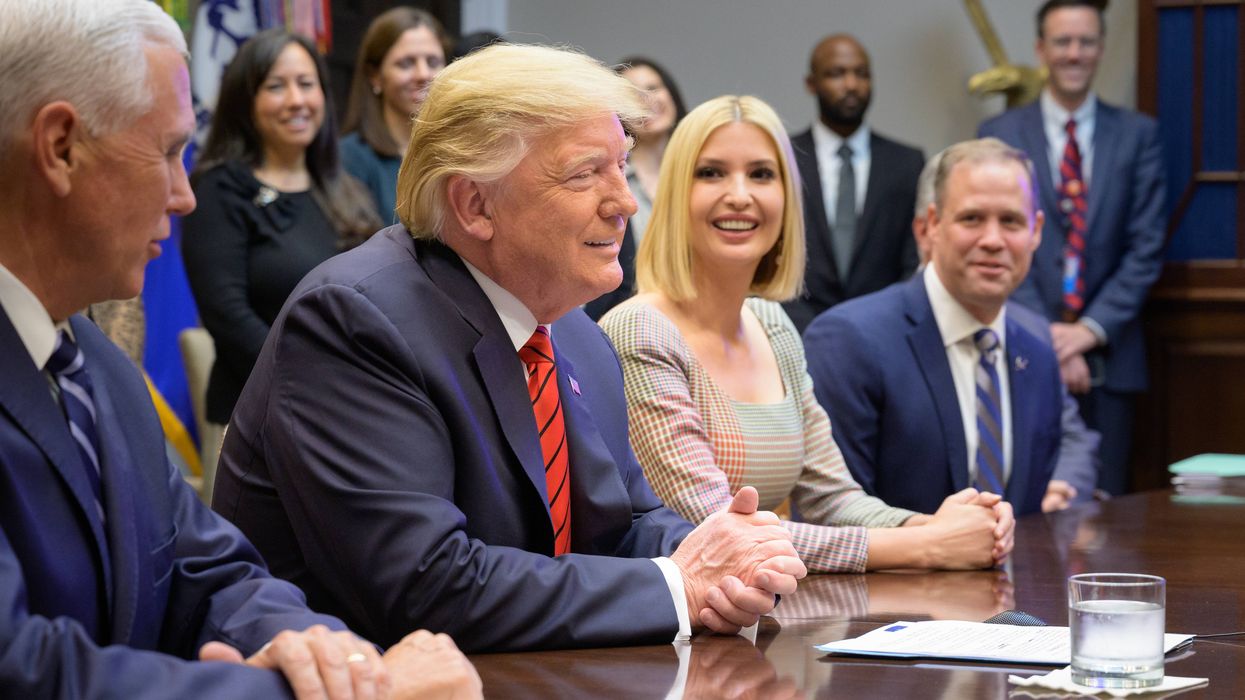 President Donald Trump, 2nd from left, joined by Vice President Mike Pence, left, Advisor to the President Ivanka Trump.