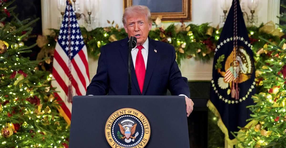 ​President Donald Trump delivers an address to the nation from the Diplomatic Reception Room of the White House, in Washington, D.C., U.S. Wednesday, Dec. 17, 2025. 