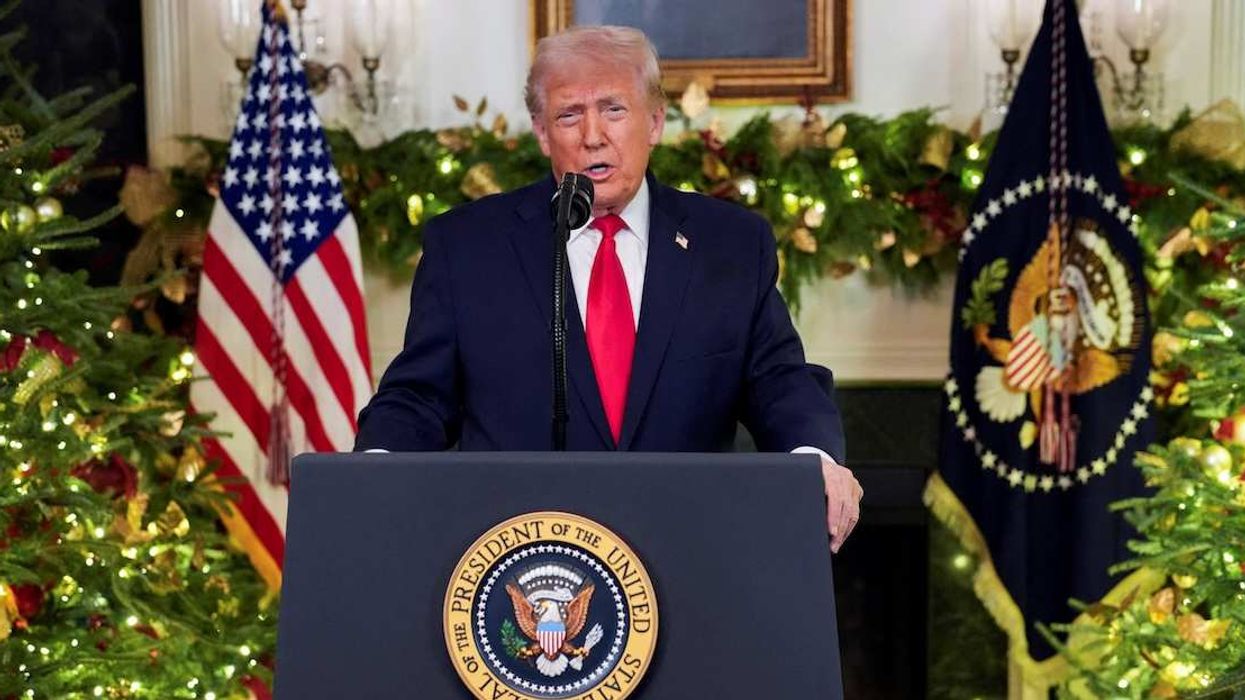 President Donald Trump delivers an address to the nation from the Diplomatic Reception Room of the White House, in Washington, D.C., U.S. Wednesday, Dec. 17, 2025.