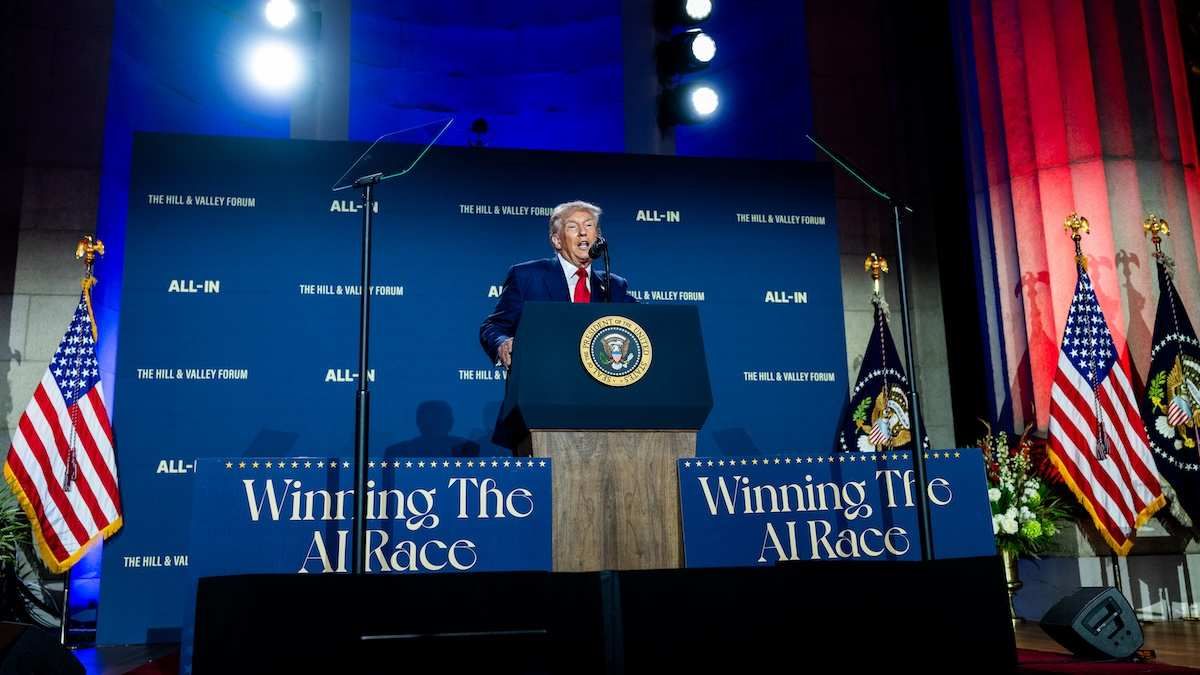 ​President Donald Trump delivers remarks at the White House AI Summit at Andrew W. Mellon Auditorium in Washington, D.C., Wednesday, July 23, 2025. 