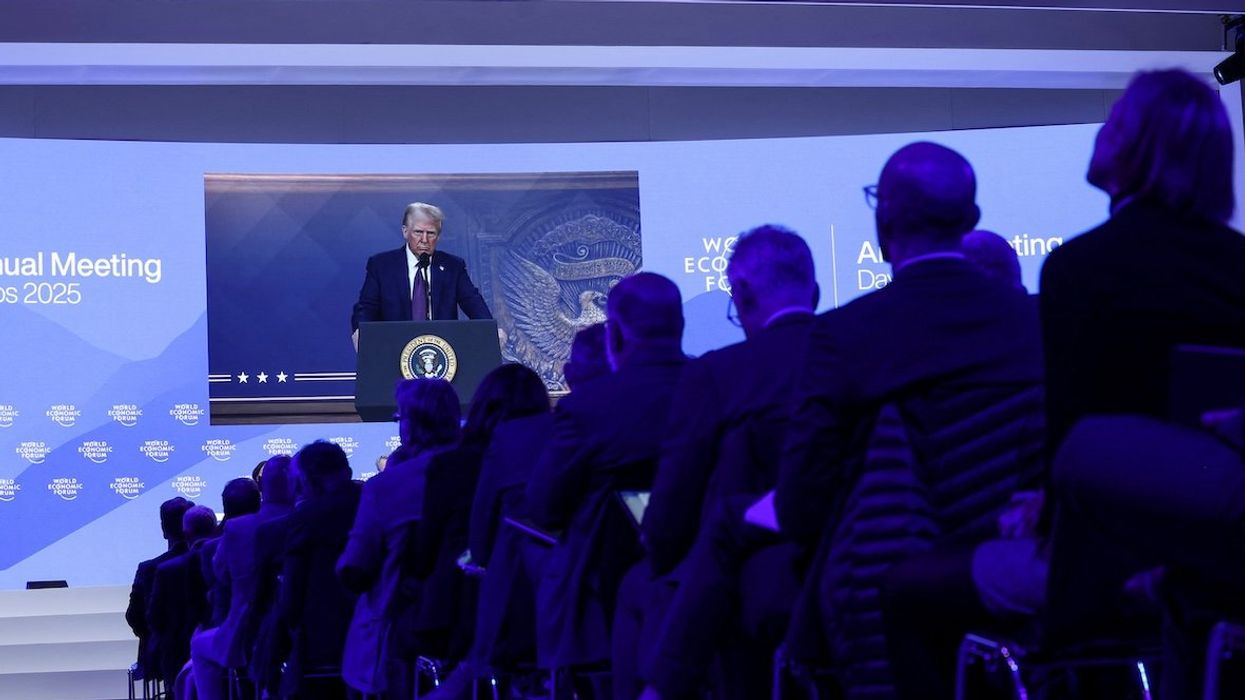 President Donald Trump makes a special address remotely during the 55th annual World Economic Forum meeting in Davos, Switzerland, on Jan. 23, 2025.