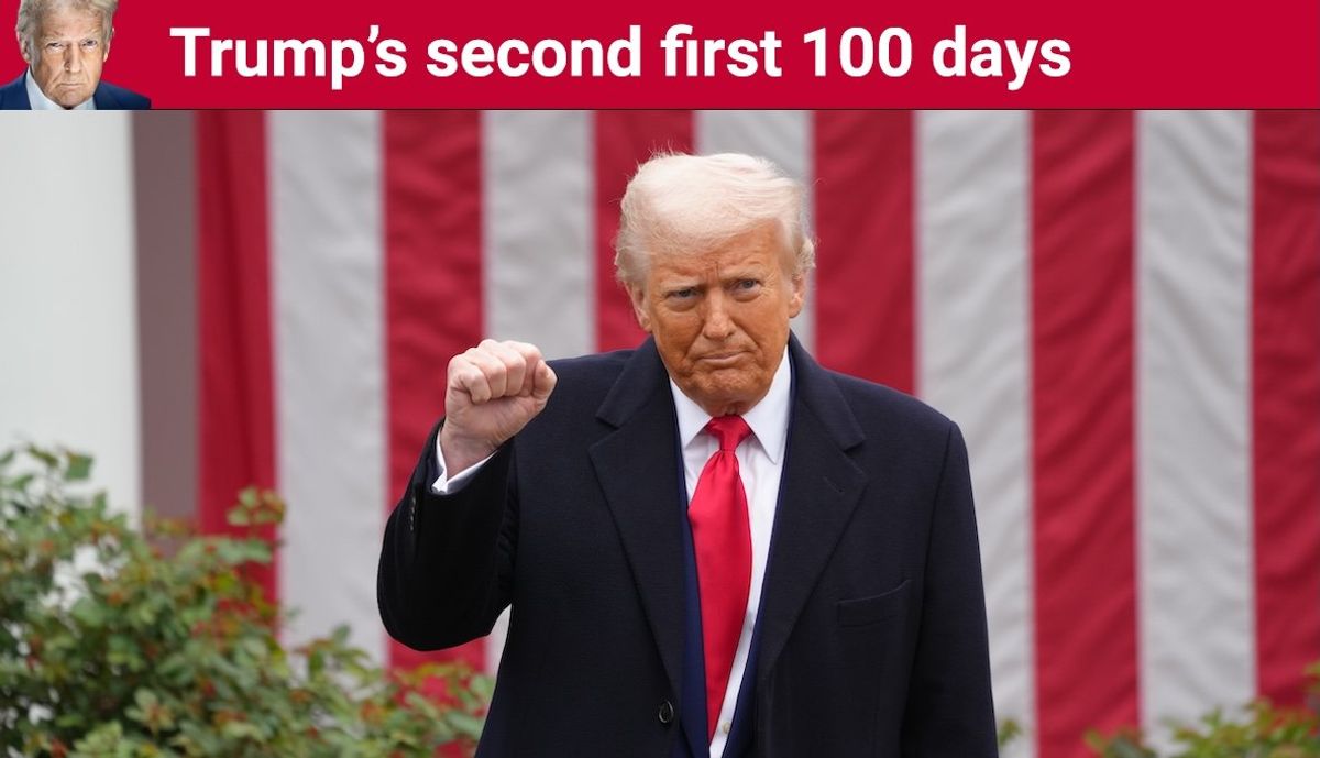 President Donald Trump raises a fist during a ceremony where he signs two executive orders that will lead to reciprocal tariffs against other countries that charge tariffs on US goods.