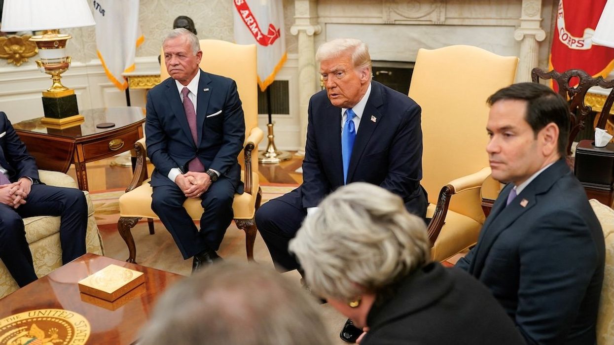 President Donald Trump, Secretary of State Marco Rubio, and Jordan's King Abdullah attend a meeting in the Oval Office at the White House in Washington, on Feb. 11, 2025. 