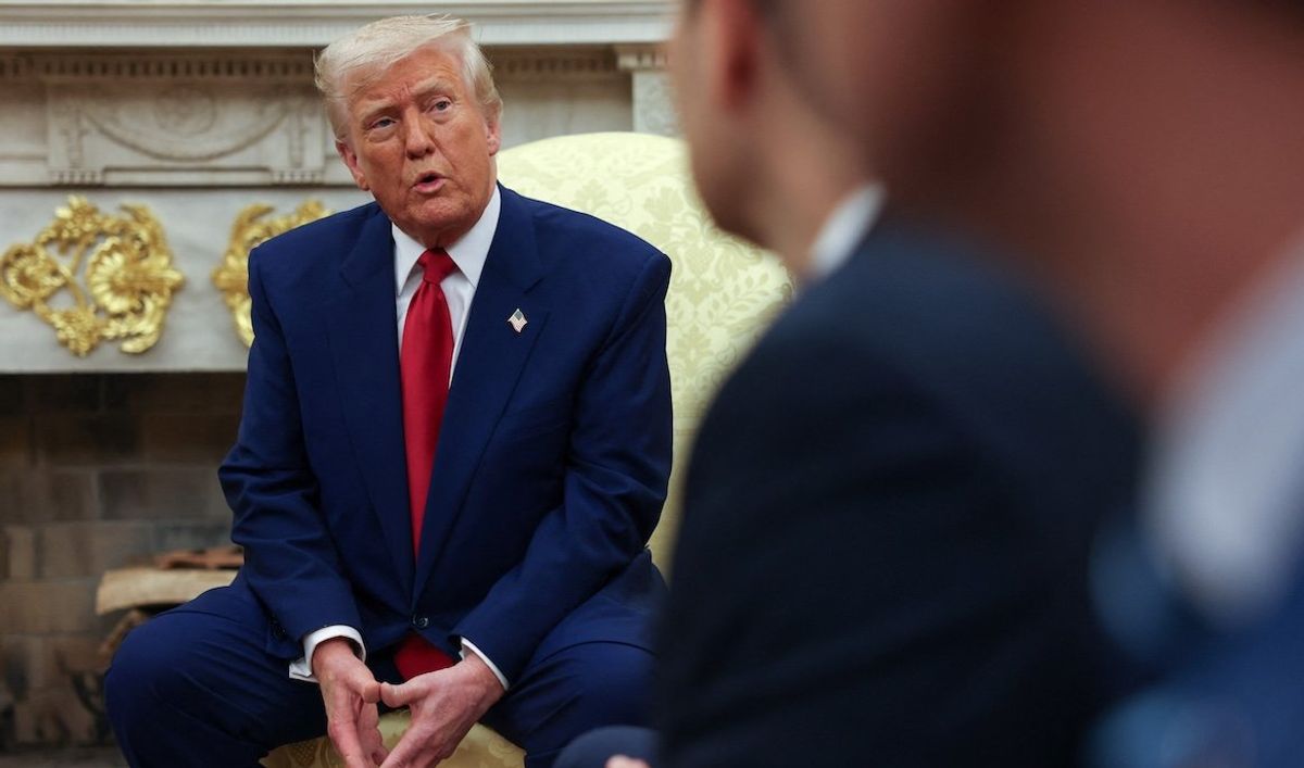 ​President Donald Trump speaks during a meeting with Israeli Prime Minister Benjamin Netanyahu in the Oval Office on April 7, 2025. REUTERS/Kevin Mohatt