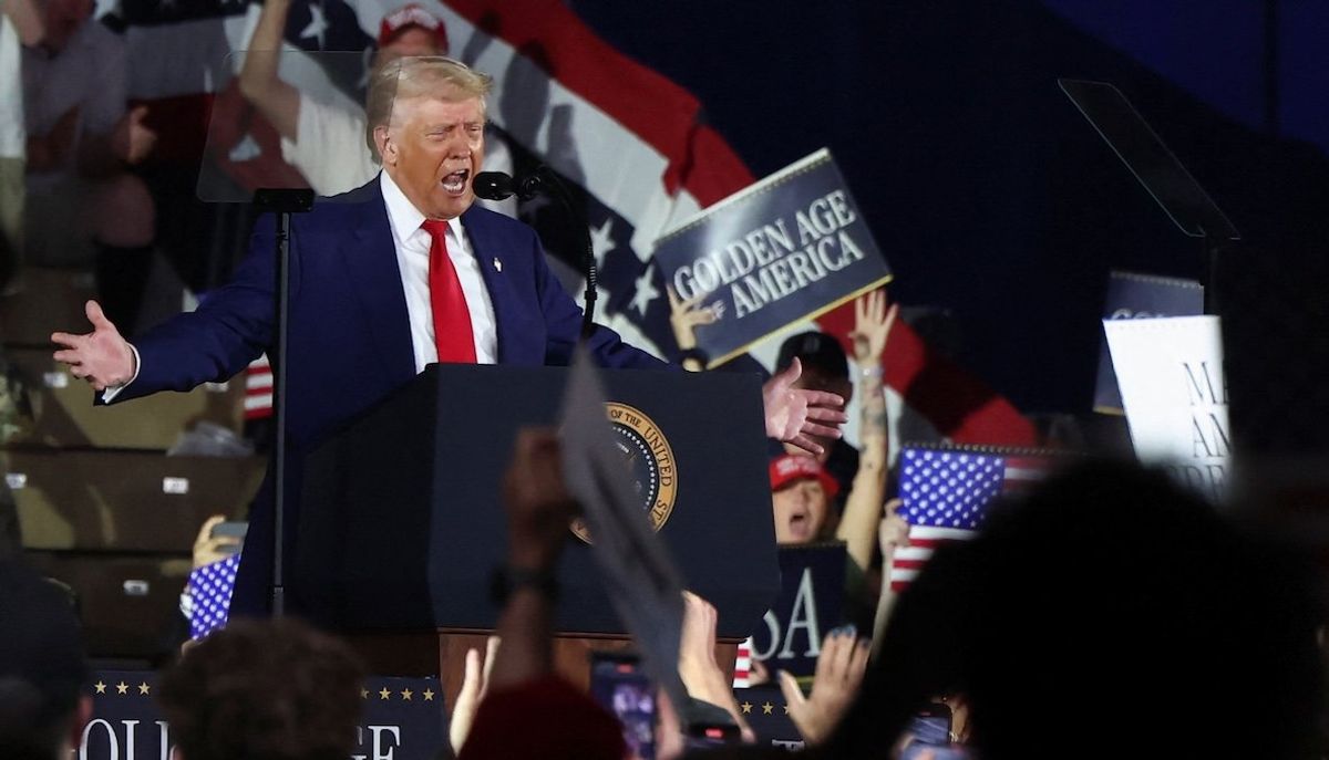 President Donald Trump speaks during a rally to mark his 100th day in office, at Macomb Community College in Warren, Michigan, on April 29, 2025. 