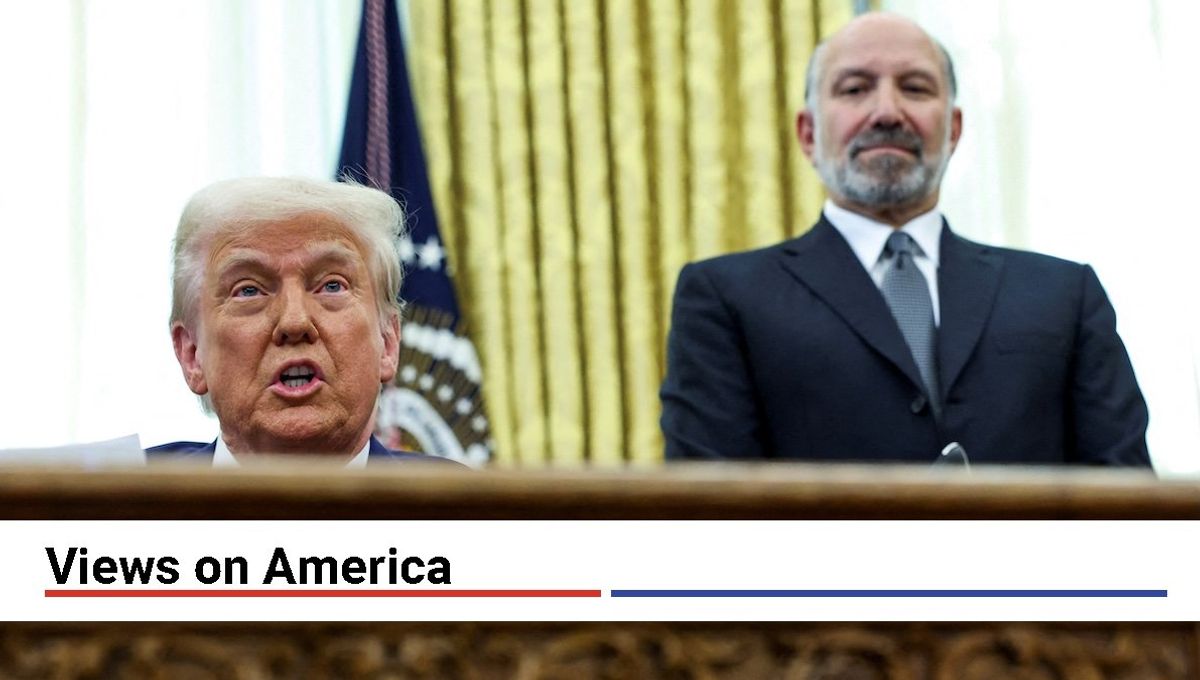 President Donald Trump speaks from the Oval Office flanked by Commerce Secretary Howard Lutnick on the day he signed executive orders for reciprocal tariffs, Feb. 13, 2025. 